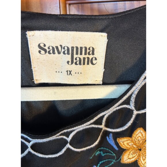 Savanna Jane Black Embroidered Floral Boho Dress 3/4 Sleeve & Ruffle Hem Size 1X - Picture 4 of 9